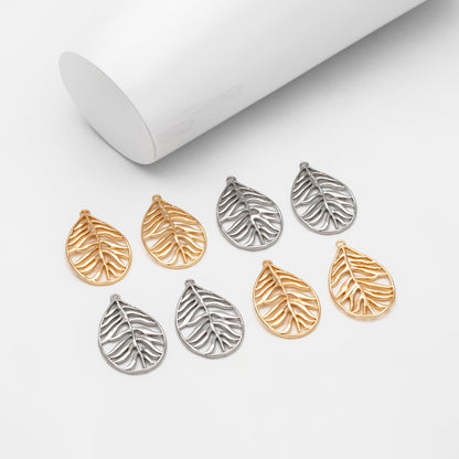 10pcs Gold/ Silver Hollow Leaf Pendants 27x17mm, 18K Gold/ Rhodium plated Brass Leaf Charms (GB-3057-B)