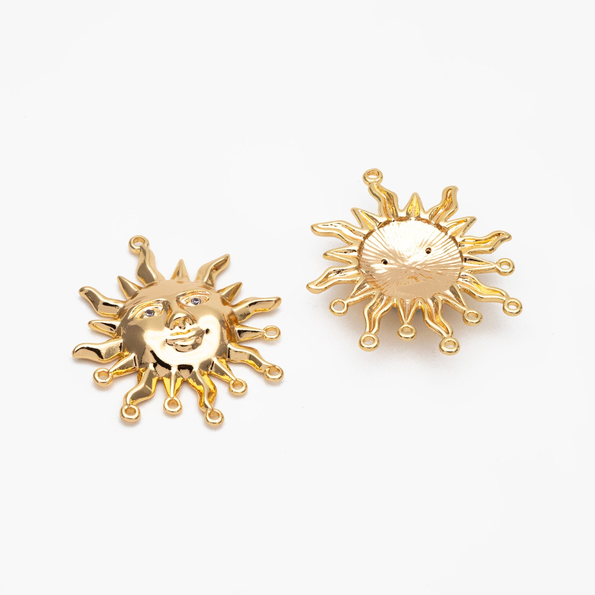 4pcs CZ Pave Gold Sun Face Charm with 8 Loops, 18K Gold plated Brass, Sun Pendant Connector (GB-2000-C)