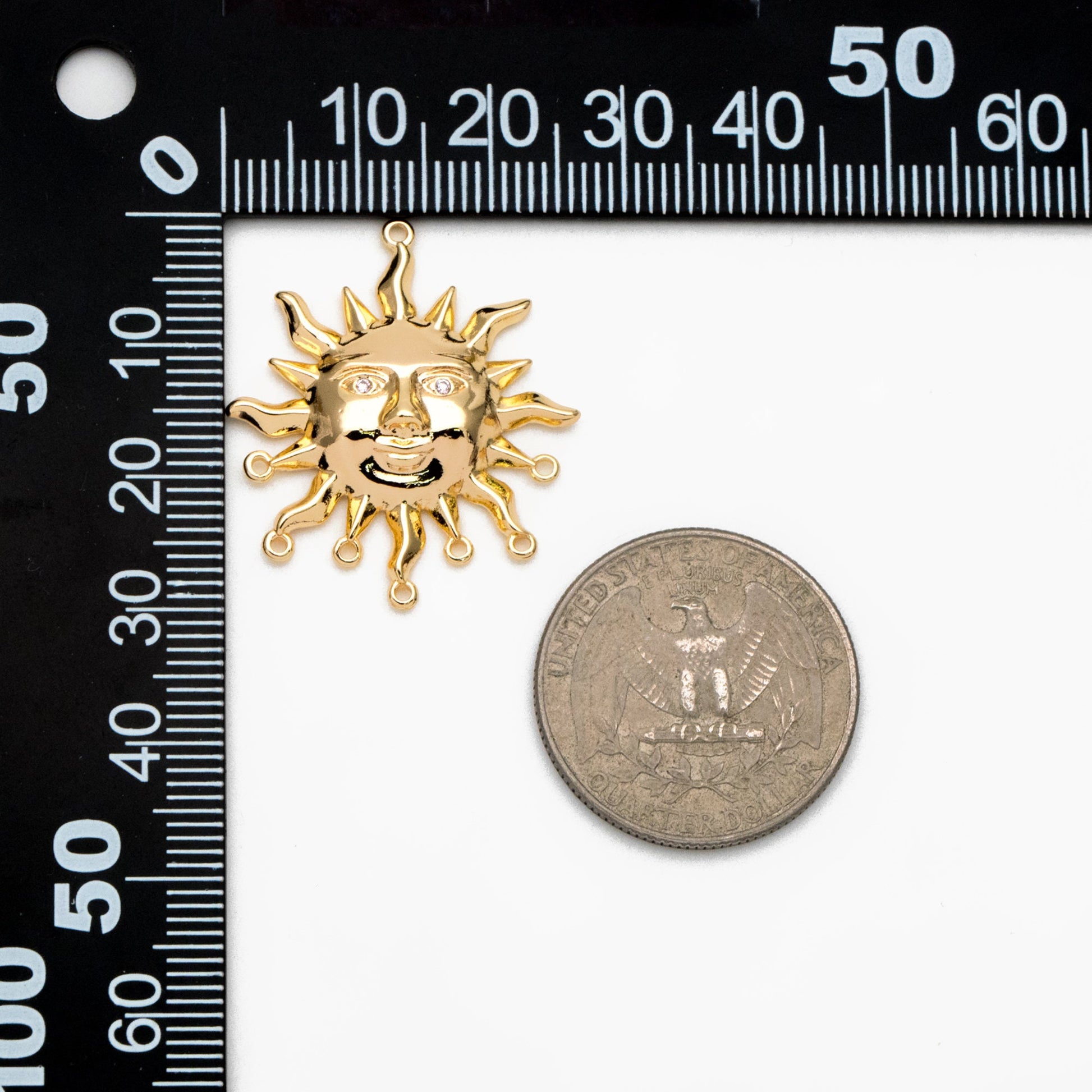 4pcs CZ Pave Gold Sun Face Charm with 8 Loops, 18K Gold plated Brass, Sun Pendant Connector (GB-2000-C)