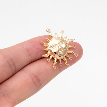 4pcs CZ Pave Gold Sun Face Charm with 8 Loops, 18K Gold plated Brass, Sun Pendant Connector (GB-2000-C)