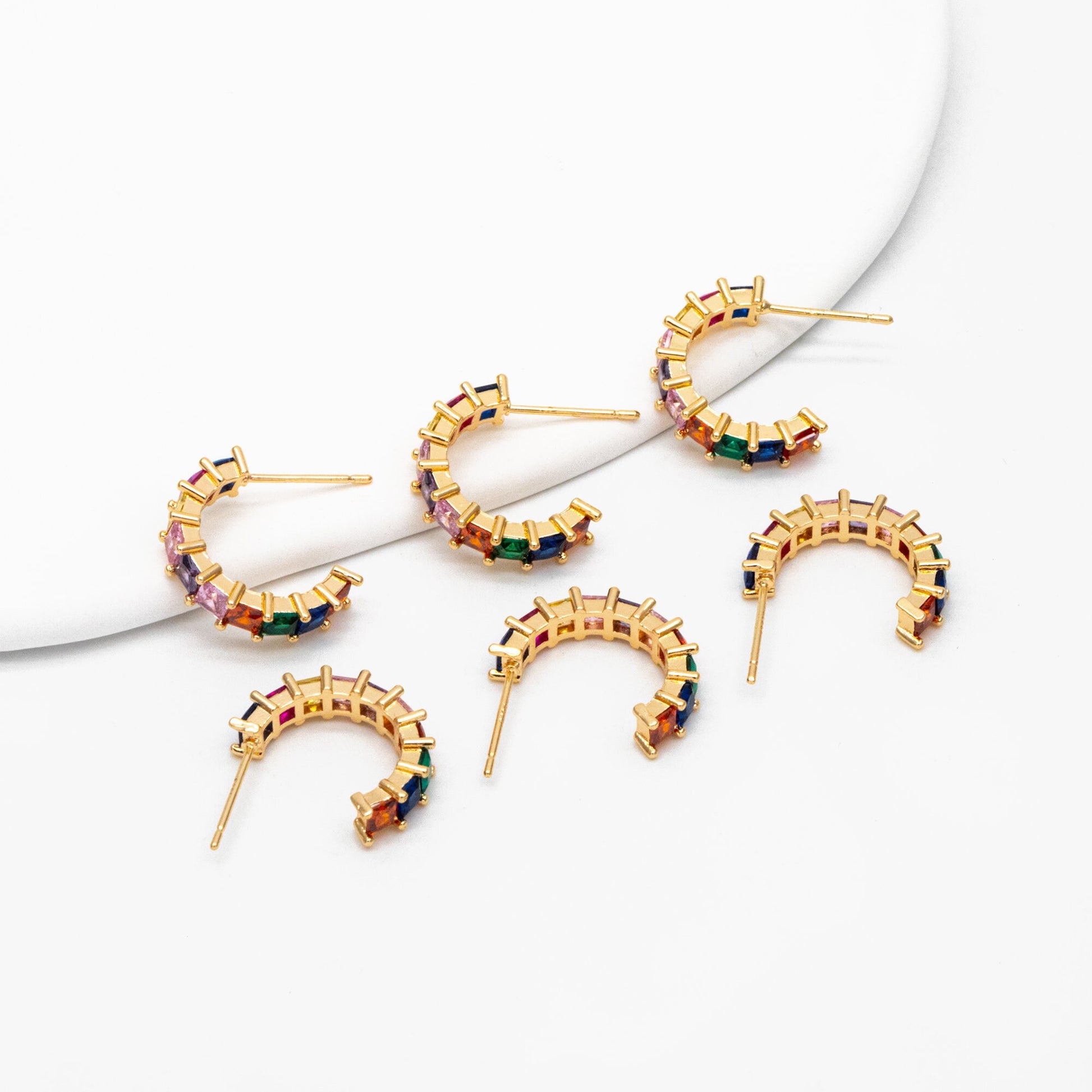 4pcs Gold Colourful CZ Pave Earring Hooks 18mm, 18K Gold plated Brass Earwires (GB-1384)