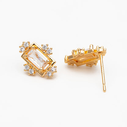 4pcs CZ Pave Rectangle Earring Studs, 18K Gold plated Brass Ear Posts, Geometric Earring Findings (#GB-3827)