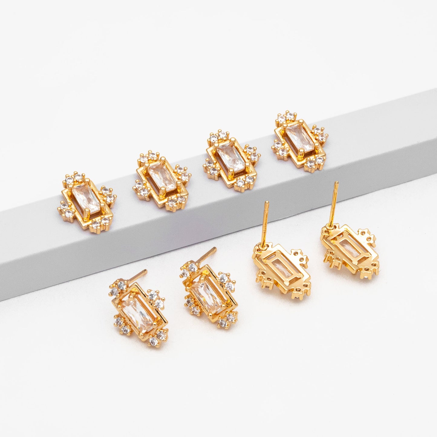 4pcs CZ Pave Rectangle Earring Studs, 18K Gold plated Brass Ear Posts, Geometric Earring Findings (#GB-3827)