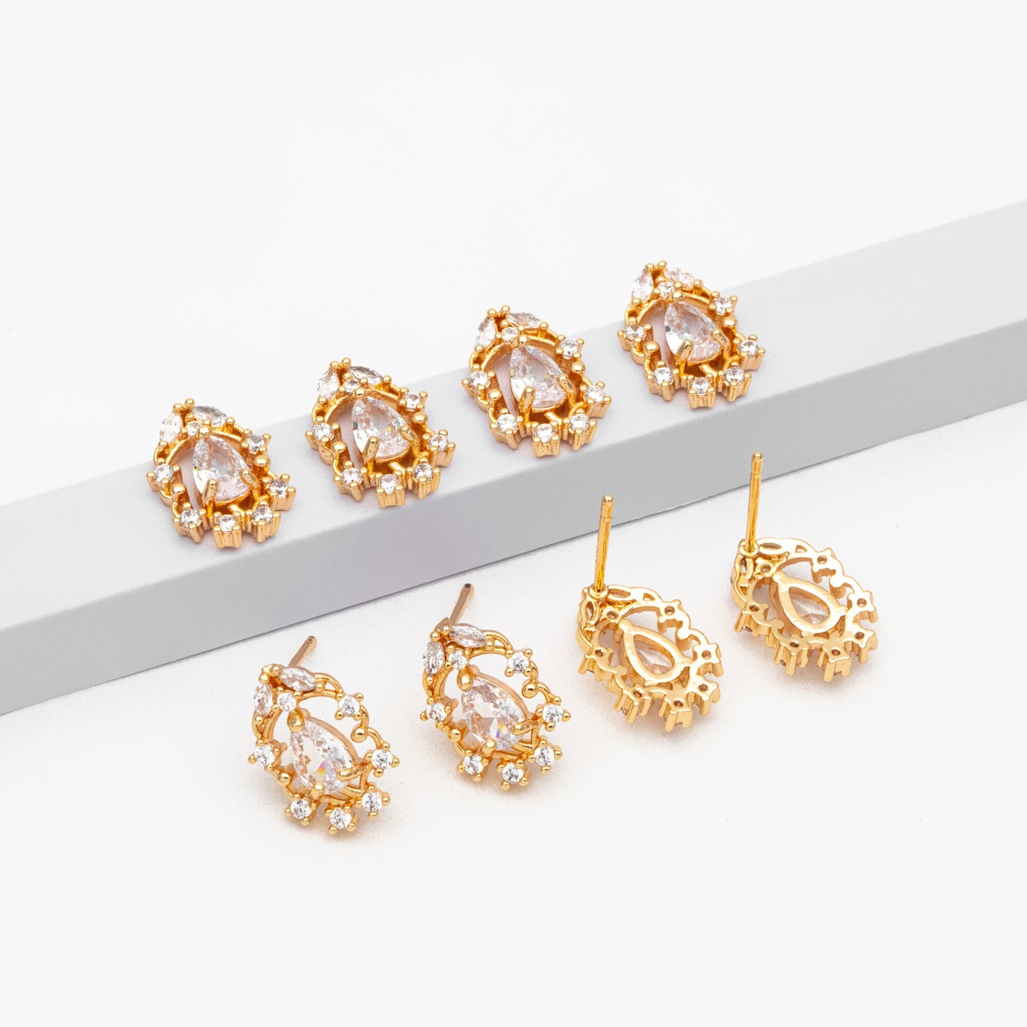 4pcs CZ Pave Dainty Teardrop Stud Earrings, 18K Gold Plated Brass, Cubic Zirconia Earrings (GB-3828)