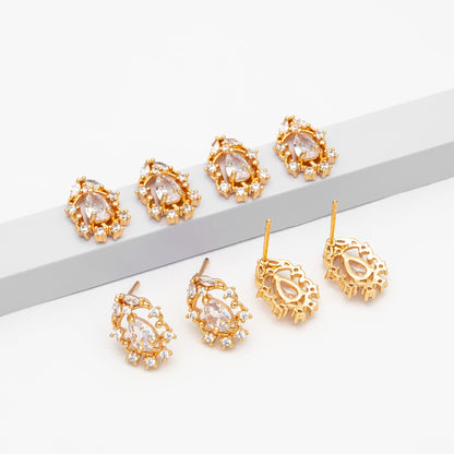 4pcs CZ Pave Dainty Teardrop Stud Earrings, 18K Gold Plated Brass, Cubic Zirconia Earrings (GB-3828)