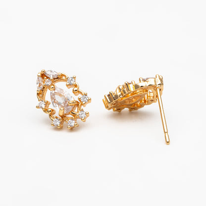 4pcs CZ Pave Dainty Teardrop Stud Earrings, 18K Gold Plated Brass, Cubic Zirconia Earrings (GB-3828)