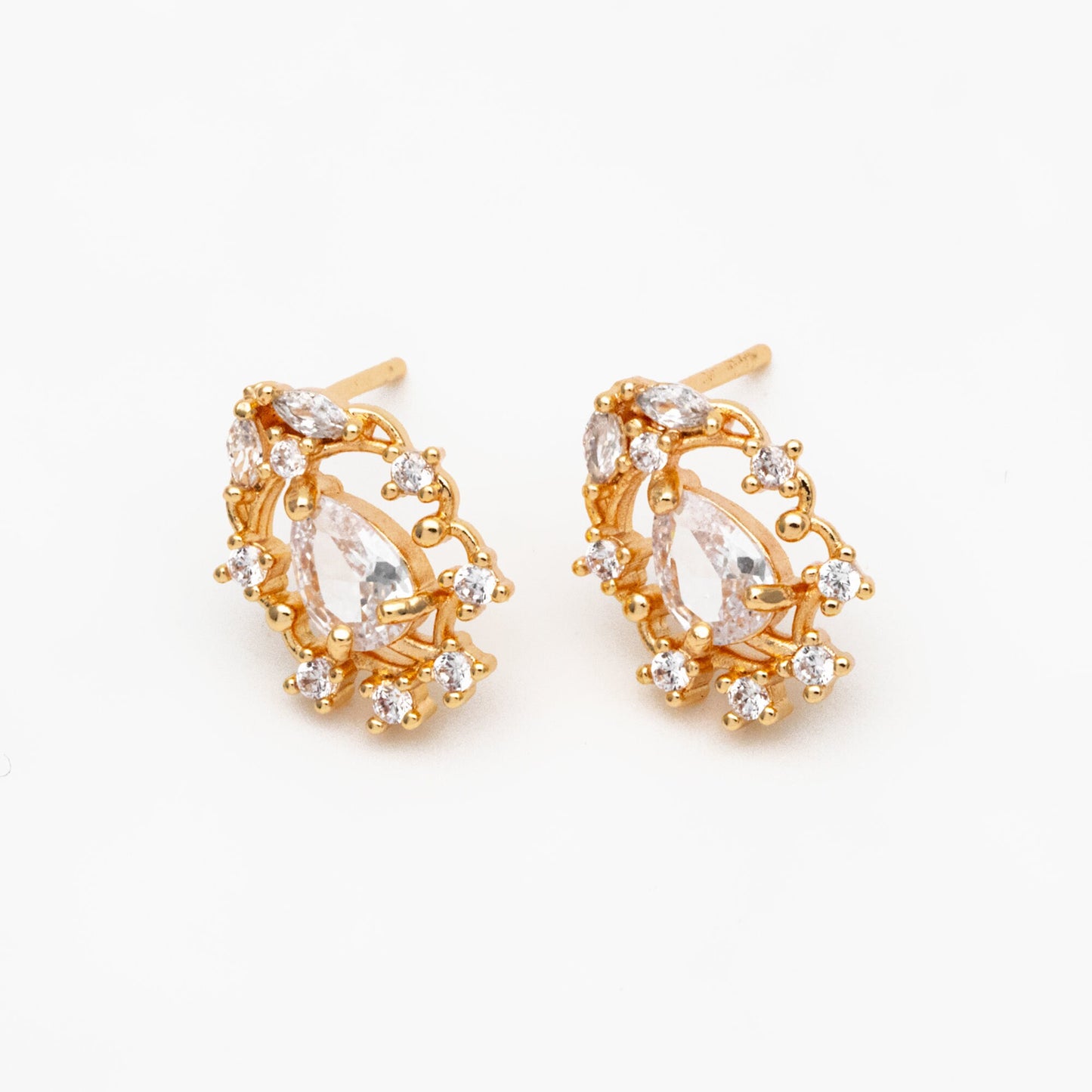 4pcs CZ Pave Dainty Teardrop Stud Earrings, 18K Gold Plated Brass, Cubic Zirconia Earrings (GB-3828)
