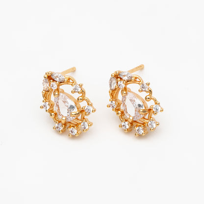 4pcs CZ Pave Dainty Teardrop Stud Earrings, 18K Gold Plated Brass, Cubic Zirconia Earrings (GB-3828)