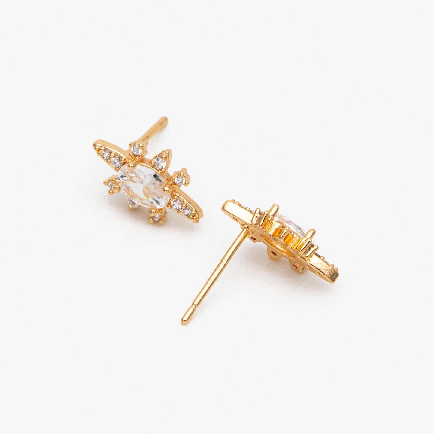 4pcs CZ Pave Gold Oval Ear Posts, Gold Plated Brass, Dainty Stud Earrings, DIY Earring Findings (#GB-3829)