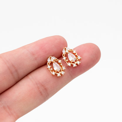 4pcs CZ Pave Dainty Teardrop Stud Earrings, 18K Gold Plated Brass, Cubic Zirconia Earrings (GB-3828)