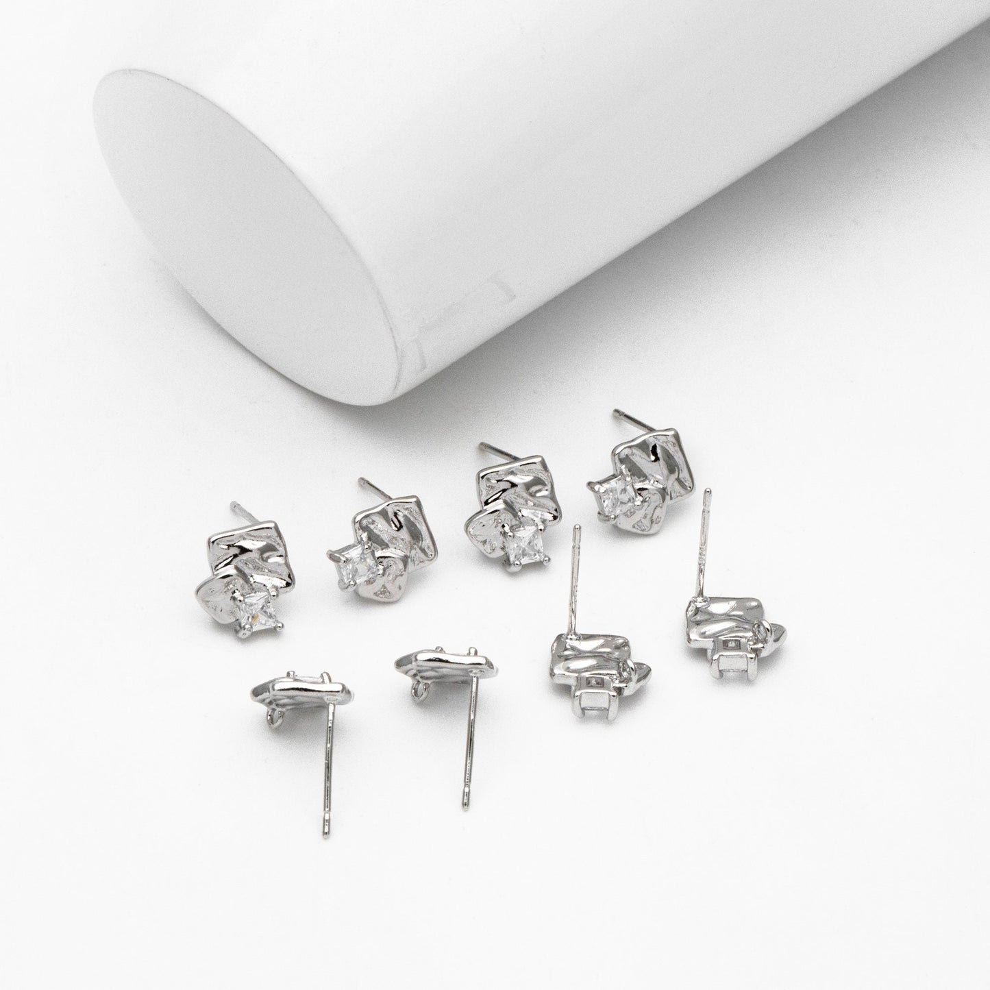 4pcs CZ Pave Rough Square Stud Earring With Loop, Real Gold/ Rhodium Plated Brass Geometric Earring Studs (GB-3169)