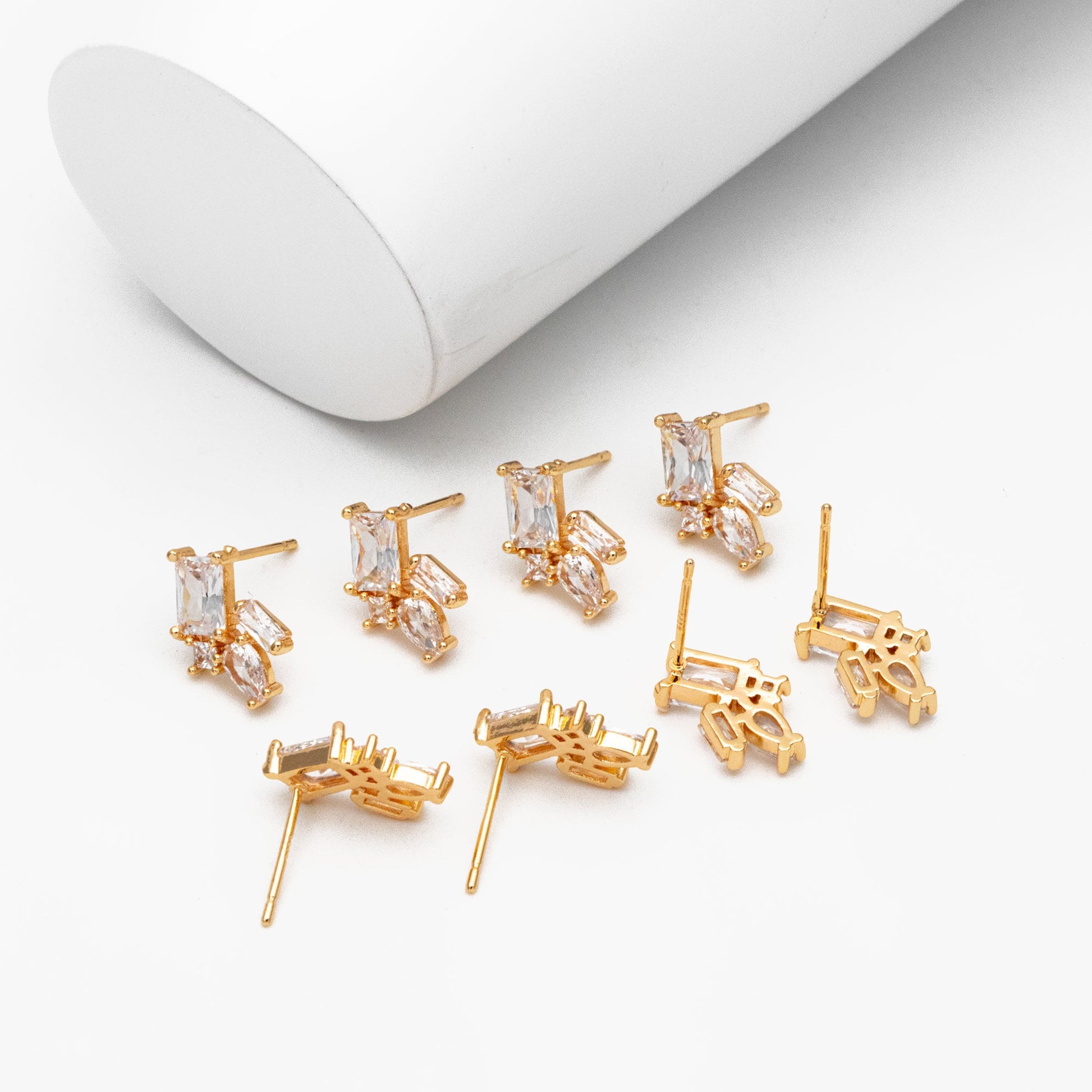 4pcs CZ Cluster Geometric Stud Earrings, 18K Gold Plated Brass, Cubic Zirconia Earrings (#GB-3835)