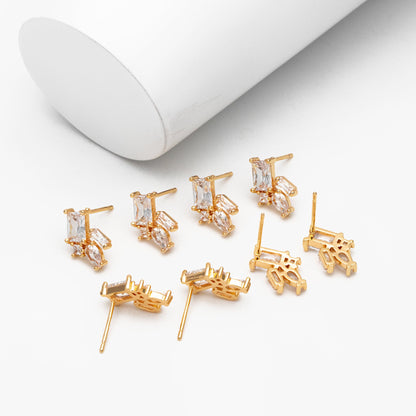 4pcs CZ Cluster Geometric Stud Earrings, 18K Gold Plated Brass, Cubic Zirconia Earrings (#GB-3835)
