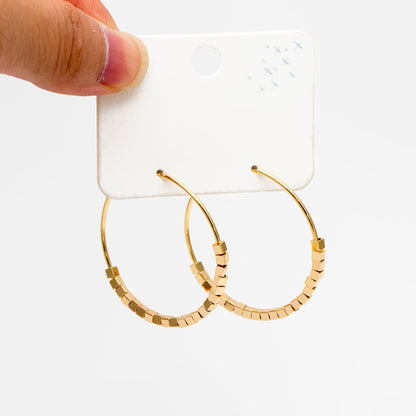 4pcs Gold Cube Beaded Hoop Earrings 40mm, 18K Gold plated Brass, Geometric Hoop Earrings (GB-3785)