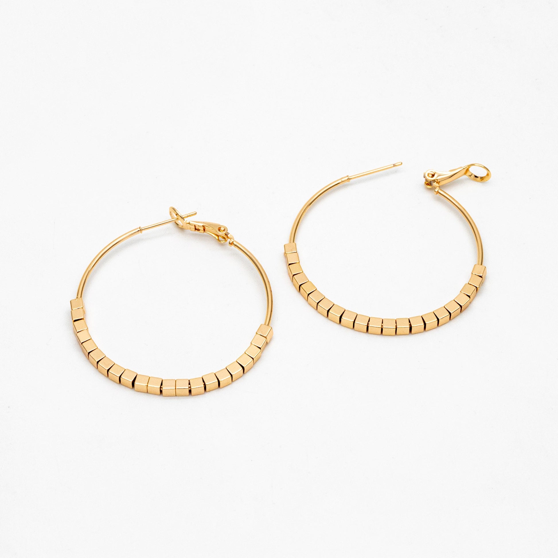 4pcs Gold Cube Beaded Hoop Earrings 40mm, 18K Gold plated Brass, Geometric Hoop Earrings (GB-3785)