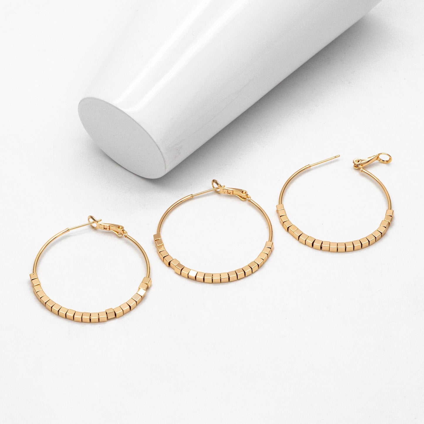 4pcs Gold Cube Beaded Hoop Earrings 40mm, 18K Gold plated Brass, Geometric Hoop Earrings (GB-3785)