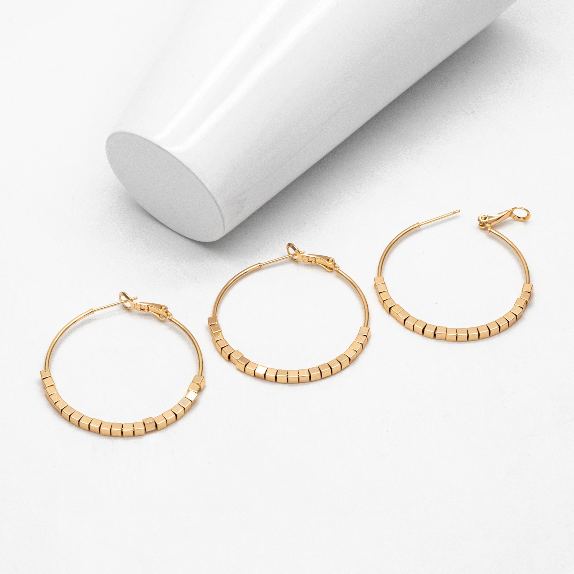 4pcs Gold Cube Beaded Hoop Earrings 40mm, 18K Gold plated Brass, Geometric Hoop Earrings (GB-3785)