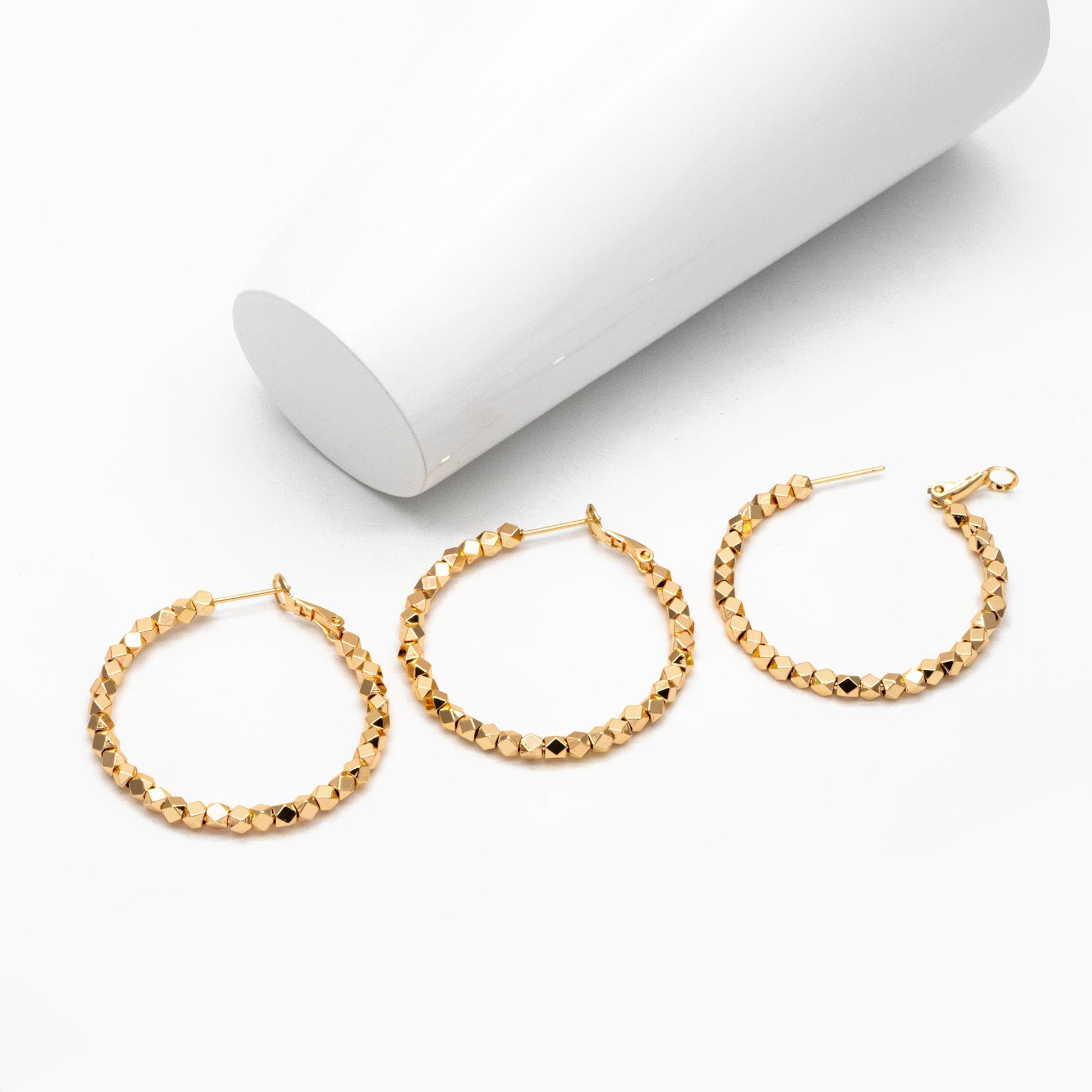 4pcs Gold/ Silver Beaded Round Hoop Earrings 42mm, 18K Gold/ Rhodium plated Brass, Geometric Hoop Earrings (GB-3790)
