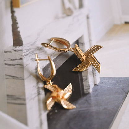 4pcs Gold Windmill Dangle Earrings: 18K Gold Plated Brass, CZ Pave Earring (ER-068)