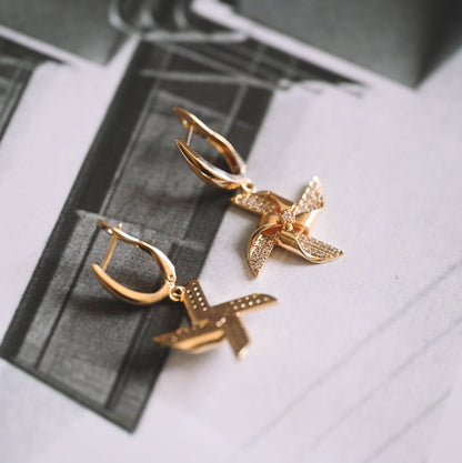 4pcs Gold Windmill Dangle Earrings: 18K Gold Plated Brass, CZ Pave Earring (ER-068)