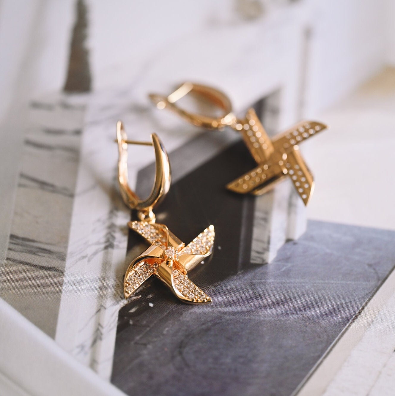 4pcs Gold Windmill Dangle Earrings: 18K Gold Plated Brass, CZ Pave Earring (ER-068)