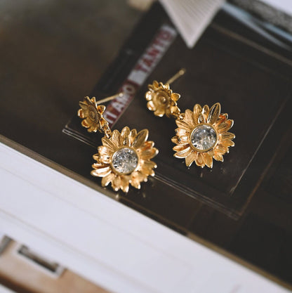 Gold Sunflower Earrings, Flower Earrings, Everyday Earrings, Sunflower Jewelry, Gift For Her (ER-092-3)