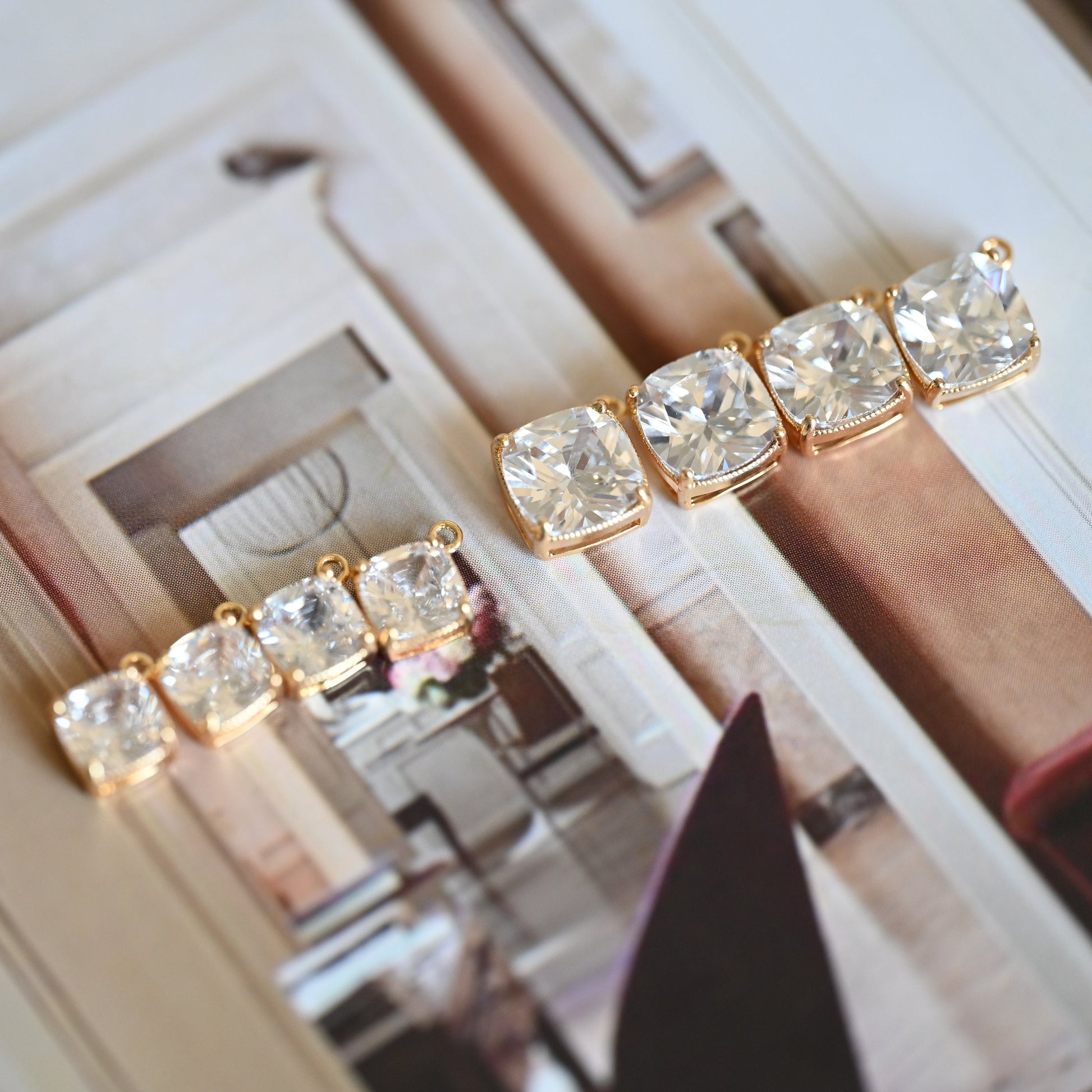 10pcs Clear CZ Square Charms 8x10mm/ 10x12mm, Gold Plated Brass Rhombus Pendants (GB-044)