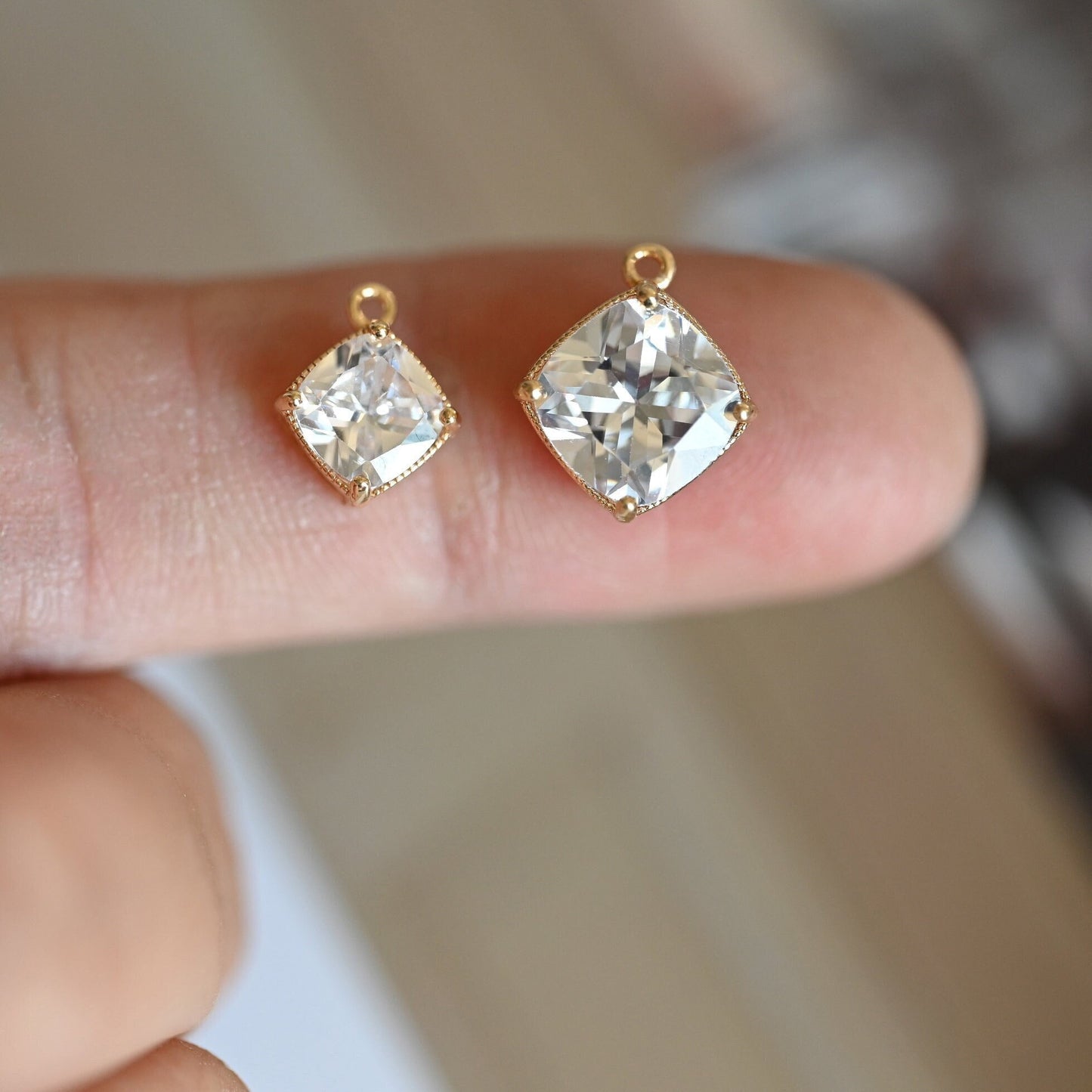 10pcs Clear CZ Square Charms 8x10mm/ 10x12mm, Gold Plated Brass Rhombus Pendants (GB-044)