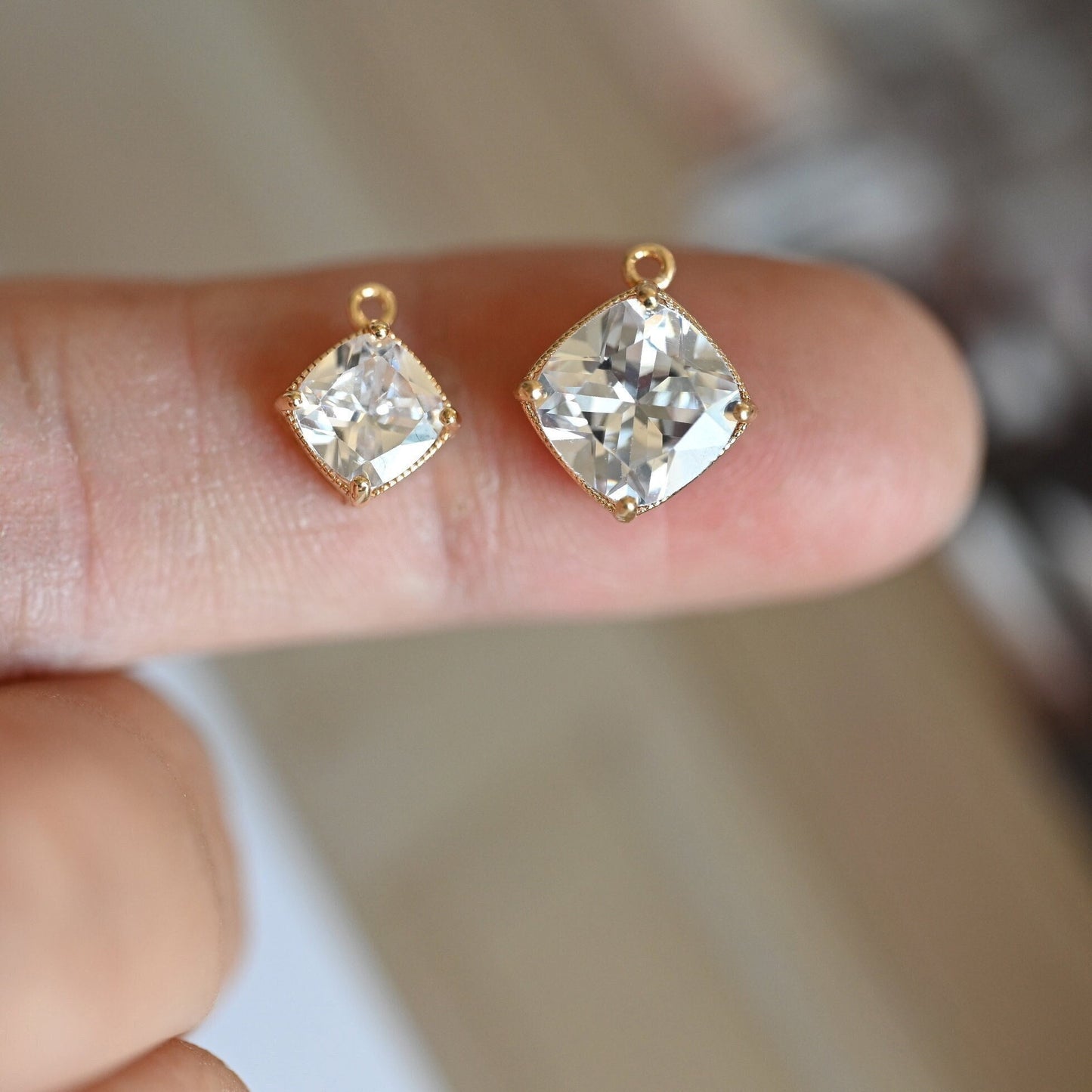 10pcs Clear CZ Square Charms 8x10mm/ 10x12mm, Gold Plated Brass Rhombus Pendants (GB-044)