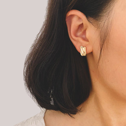 10pcs Gold Waved Rectangle Earring with Loop, 13x8.5mm, 18K Gold plated Brass, Geometric Stud Earring Components (GB-1296)