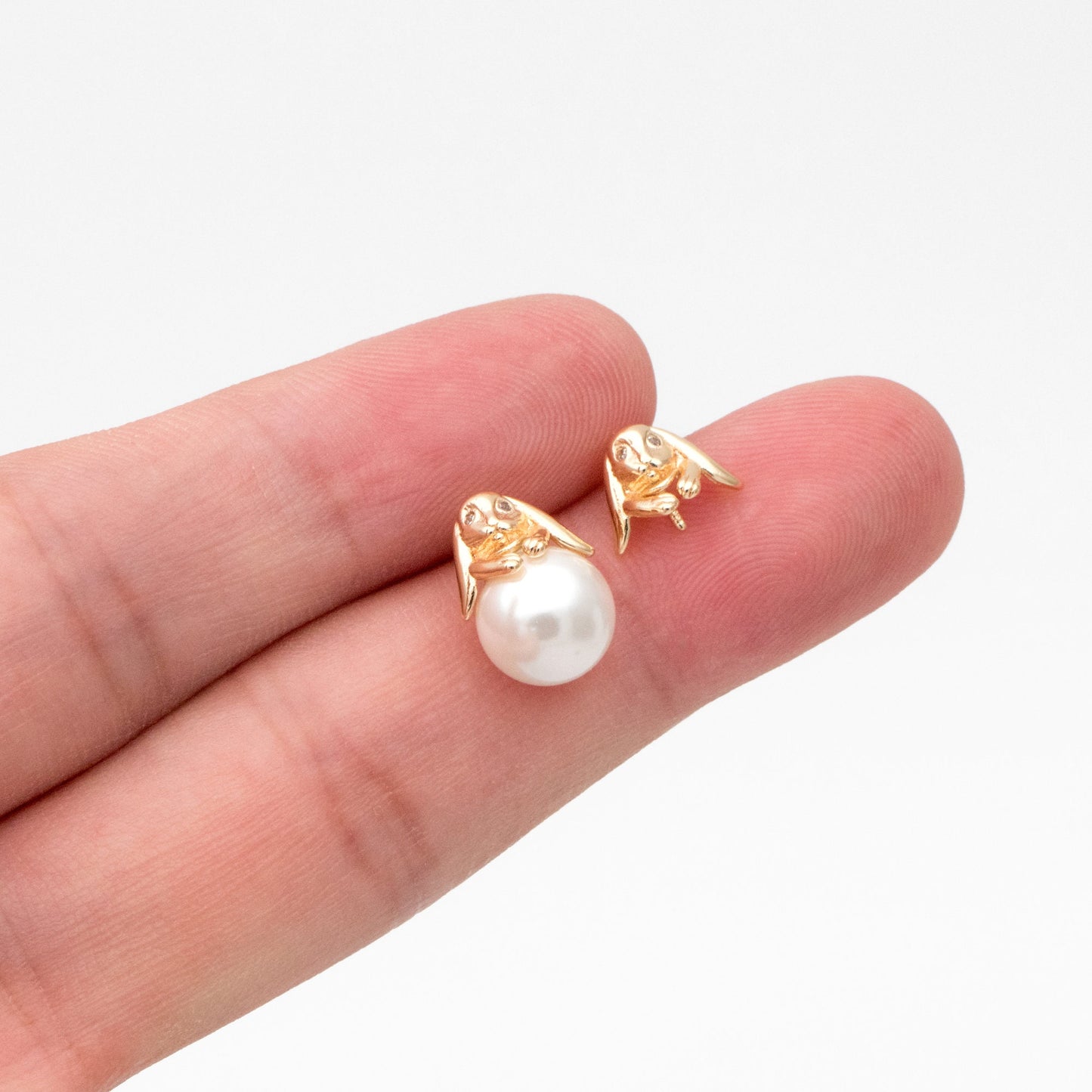 10pcs CZ Pave Rabbit Earring, Bunny Stud Earrings, Pearl Peg Earring Mounts, Half Drilled Pearl Earring Settings (#GB-3797)