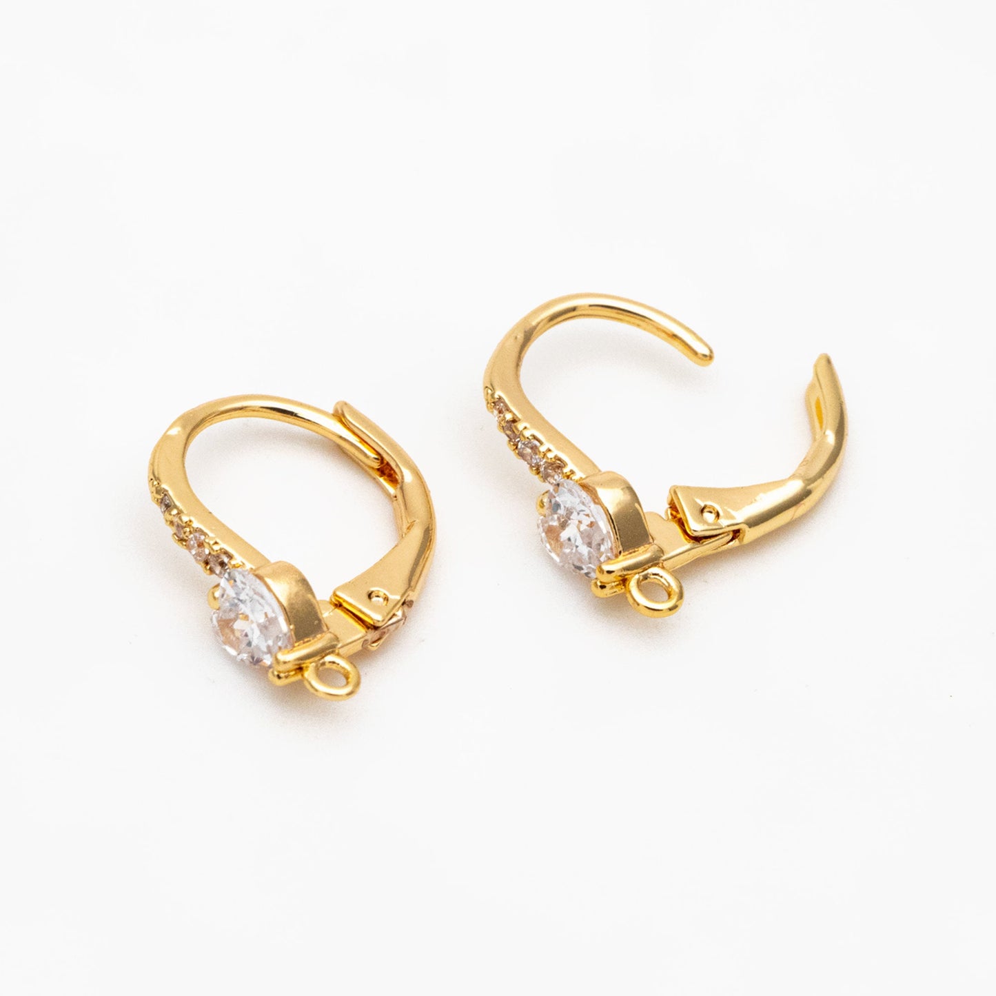 4pcs CZ Pave Heart Leverback Ear Hooks, Gold plated Brass, Earring Hoop Components (GB-3798)