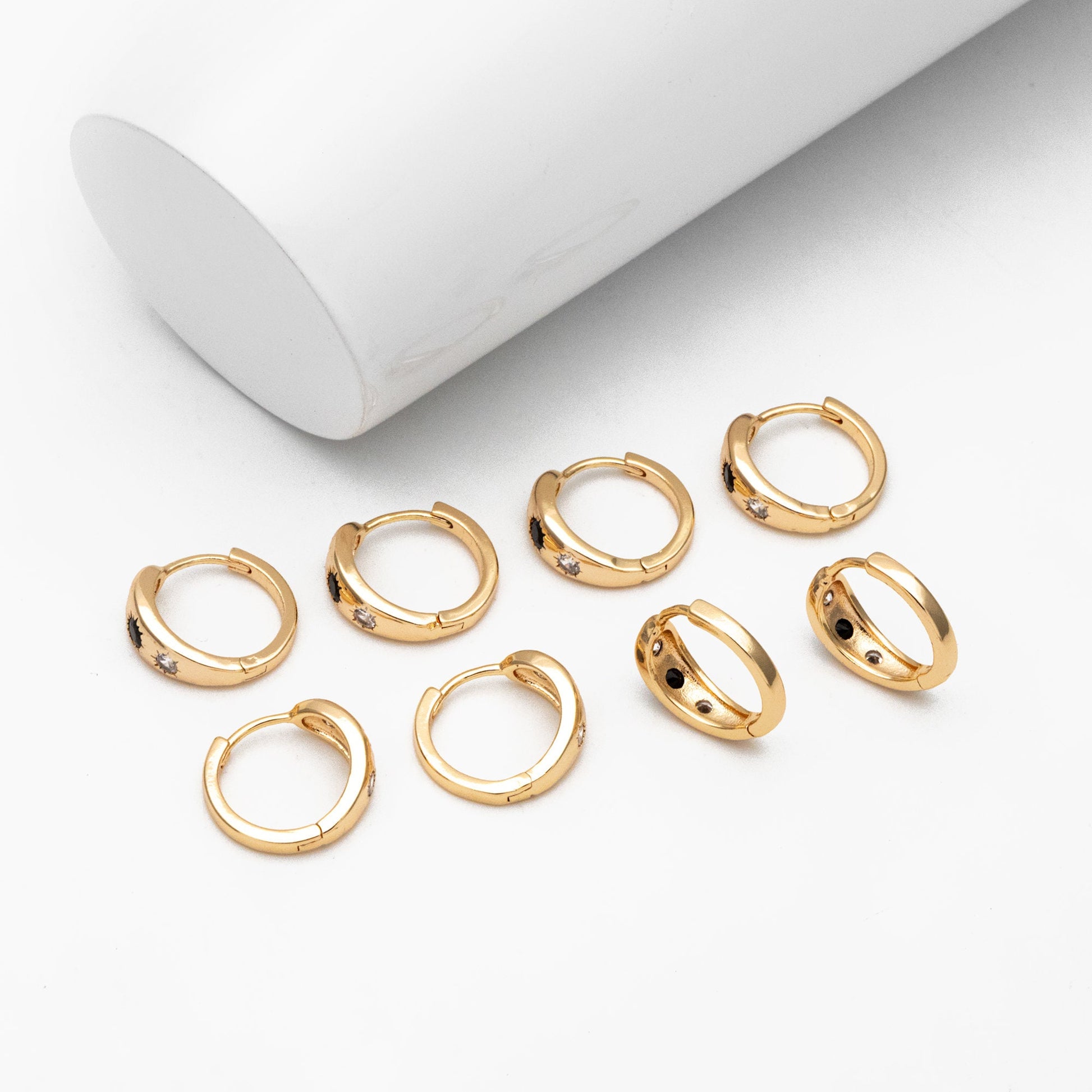 4pcs Black/ Blue CZ Pave Sun Hoop Earrings, Dainty Huggie Earrings, Minimalist Earring, Gold Hoops Earring (GB-3800)