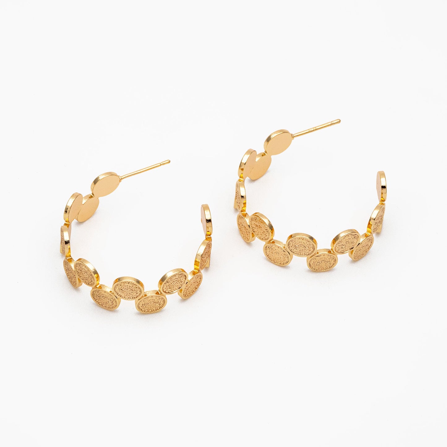 4pcs Gold Textured Disc Round Circle Ear Posts 33mm, Gold plated Brass, Geometric Hoop Stud Earrings (GB-3802)