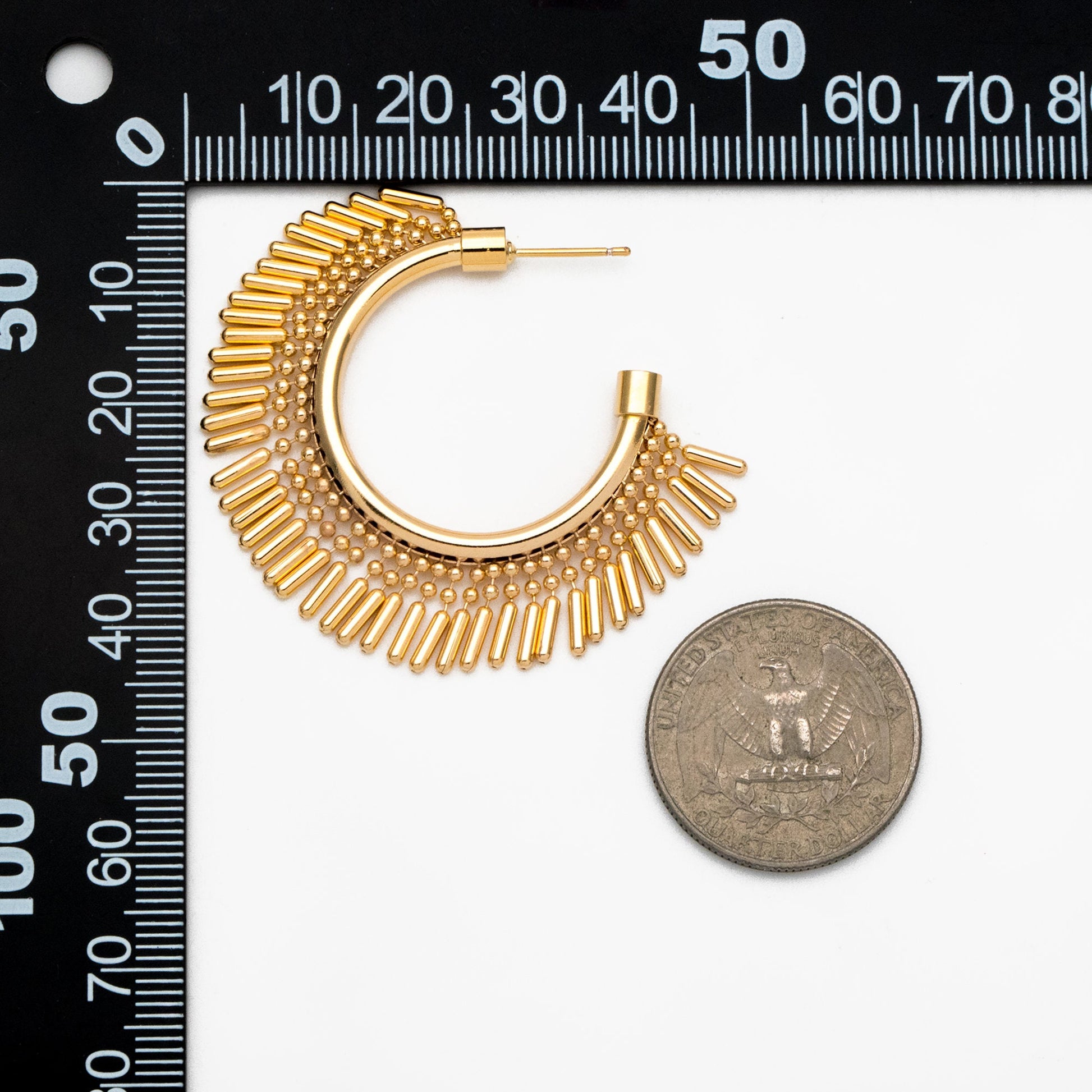 4pcs Gold Tassel Hoop Stud Earrings 40mm, Gold Plated Brass, Round Circle Earrings (#GB-3804)