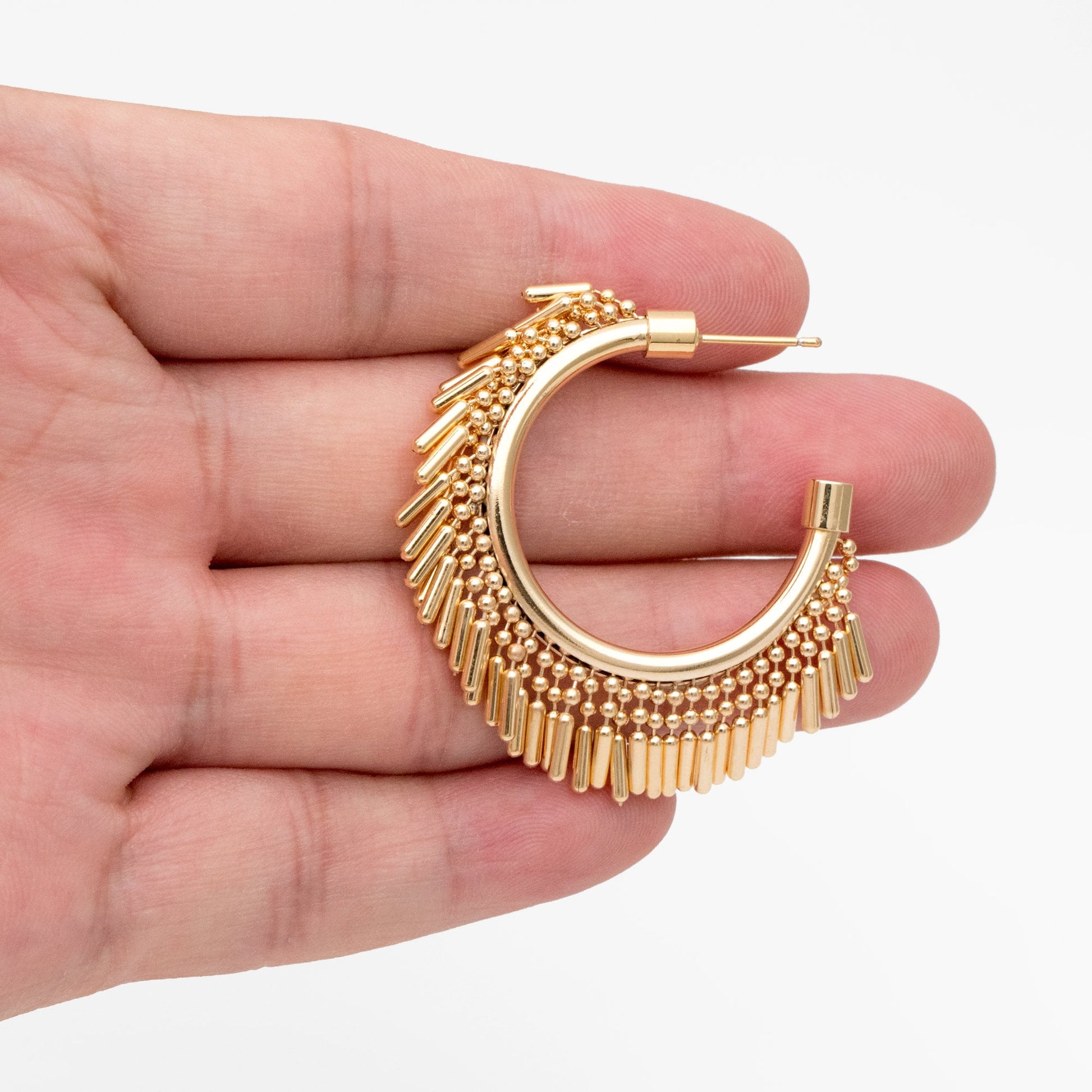 4pcs Gold Tassel Hoop Stud Earrings 40mm, Gold Plated Brass, Round Circle Earrings (#GB-3804)