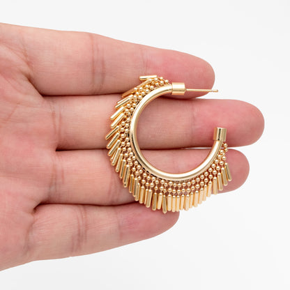 4pcs Gold Tassel Hoop Stud Earrings 40mm, Gold Plated Brass, Round Circle Earrings (#GB-3804)