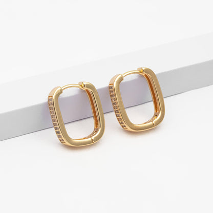 4pcs CZ Pave Gold Oval Hoop Earrings, Gold plated Brass, Dainty Geometric Earring Hoops (GB-3807)