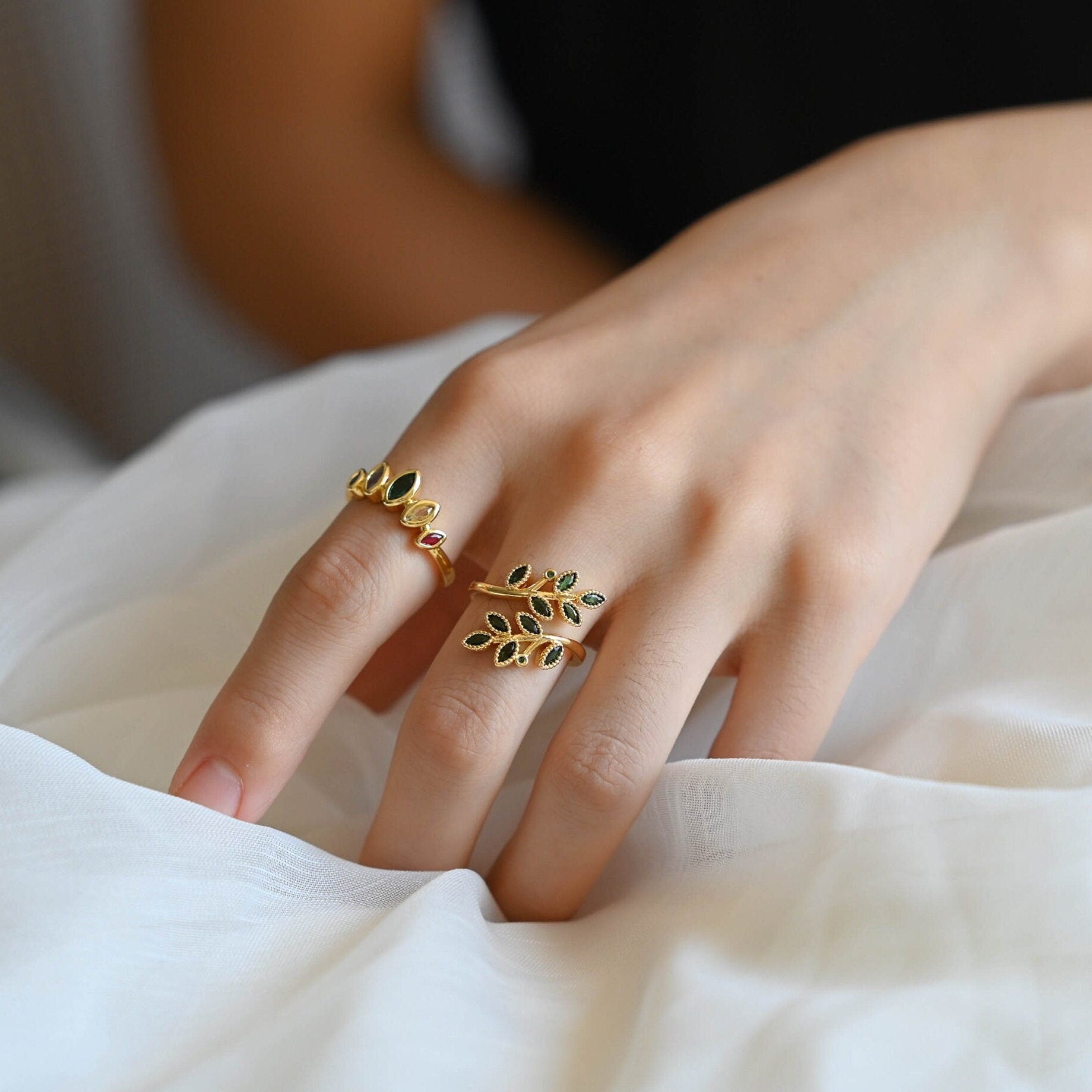 4pcs CZ Pave Gold Emerald Leaf Ring, Branch Ring, Dainty Rings, Adjustable Ring, Nature Ring (#GB-3246)