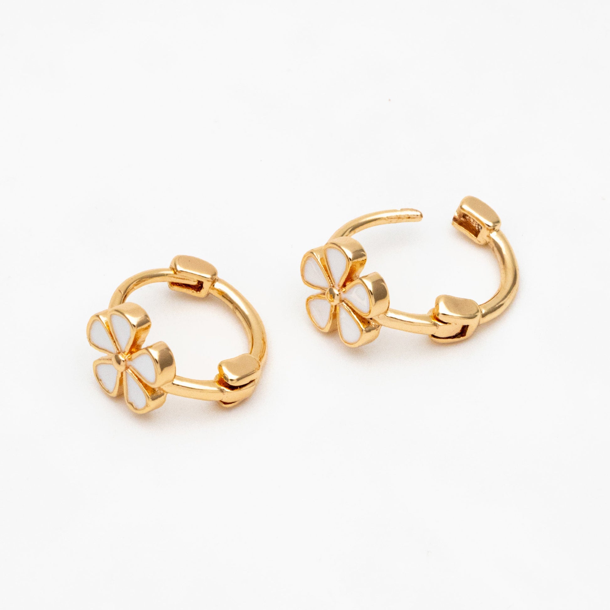 4pcs Gold Enamel Flower Hoop Earrings, 18K Gold plated Brass, Minimalist Huggie Earrings (GB-3843-C)