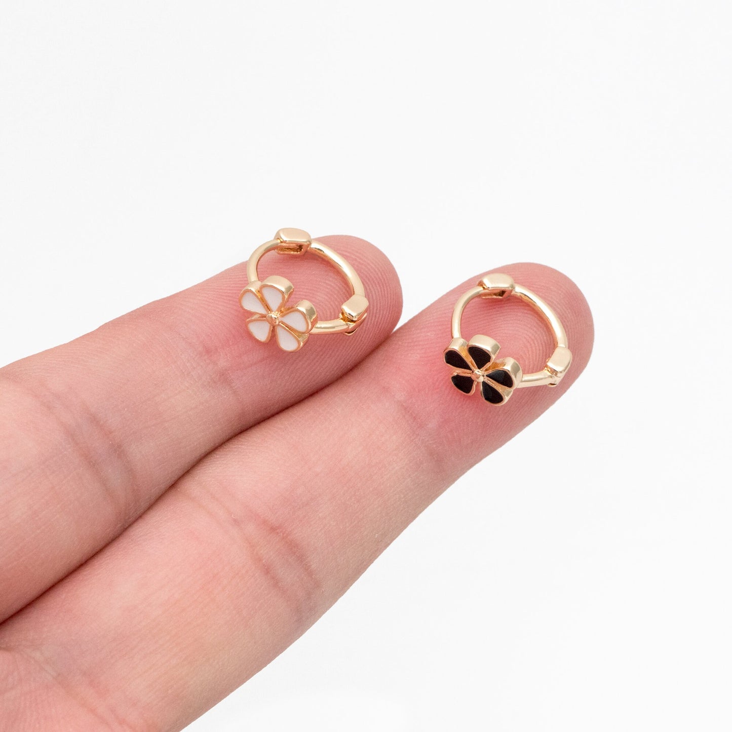 4pcs Gold Enamel Flower Hoop Earrings, 18K Gold plated Brass, Minimalist Huggie Earrings (GB-3843-C)
