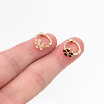 4pcs Gold Enamel Flower Hoop Earrings, 18K Gold plated Brass, Minimalist Huggie Earrings (GB-3843-C)