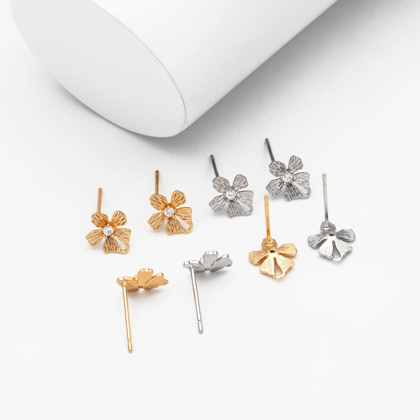 10pcs CZ Pave Gold/ Silver Flower Earring, 18K Gold/ Rhodium Plated Brass, Jewelry Making, Diy Material, Jewelry Supplies (GB-3811)