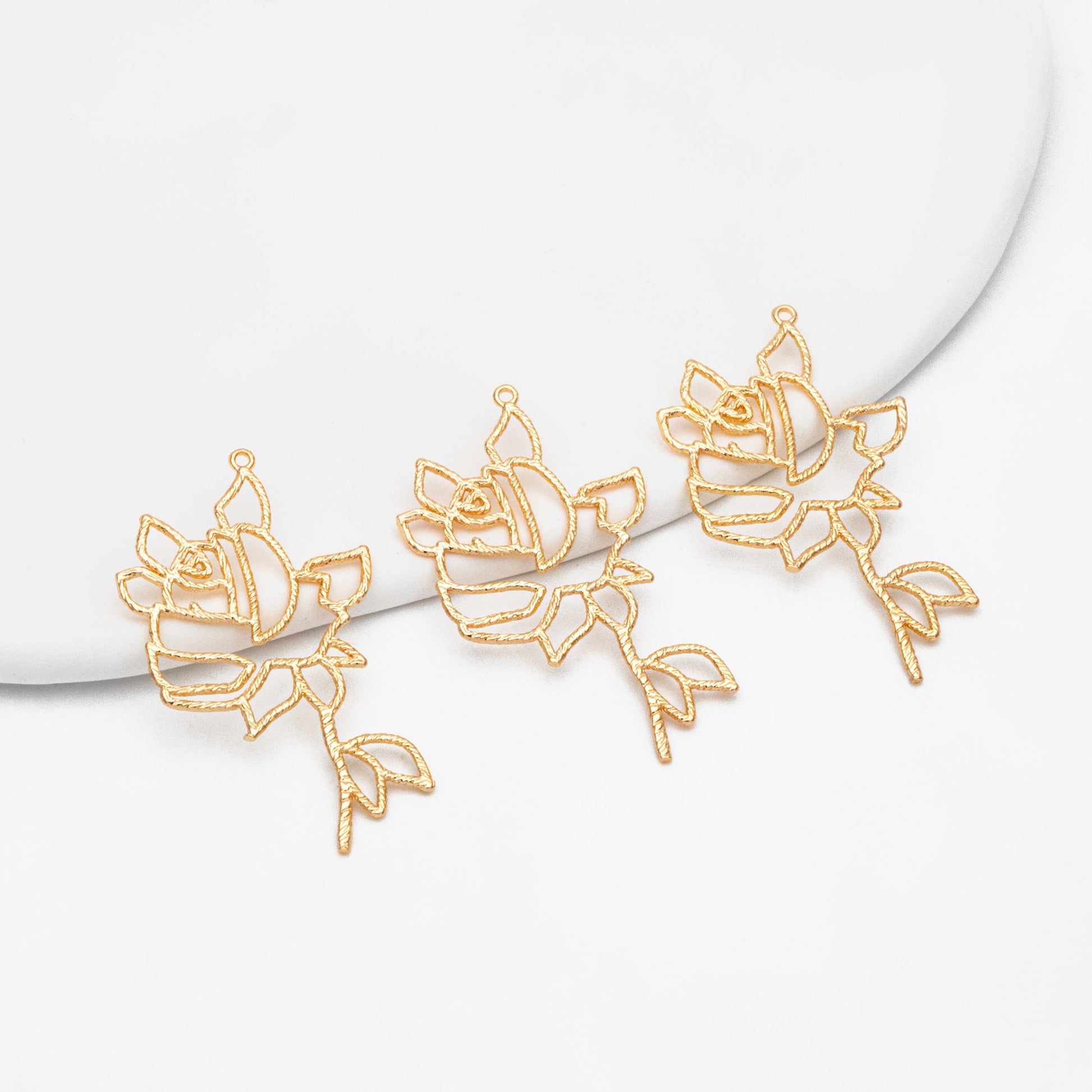 10pcs Gold Hollow Rose Charms 39x25mm, Real Gold plated Brass, Flower Earring Pendants (GB-120-E)