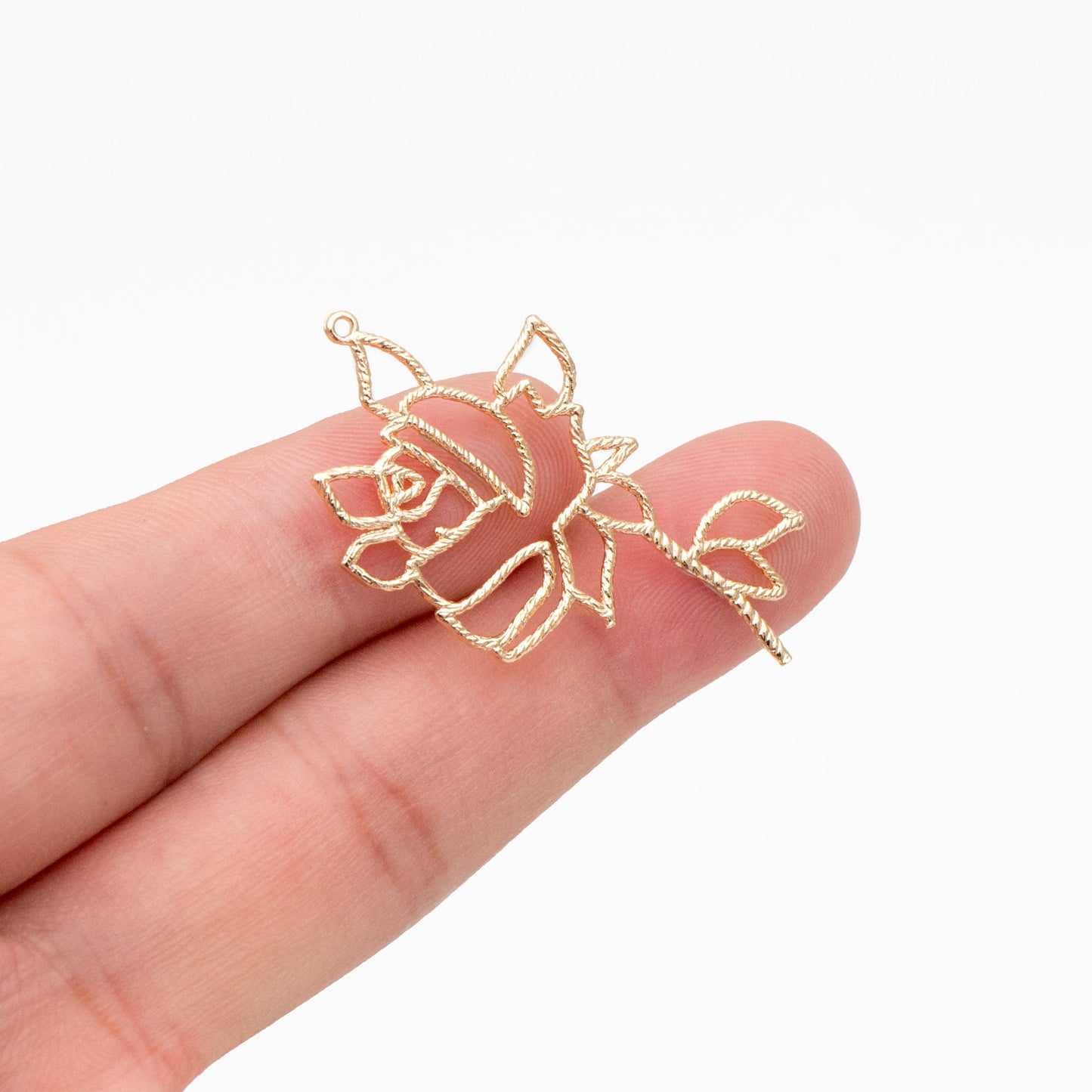 10pcs Gold Hollow Rose Charms 39x25mm, Real Gold plated Brass, Flower Earring Pendants (GB-120-E)