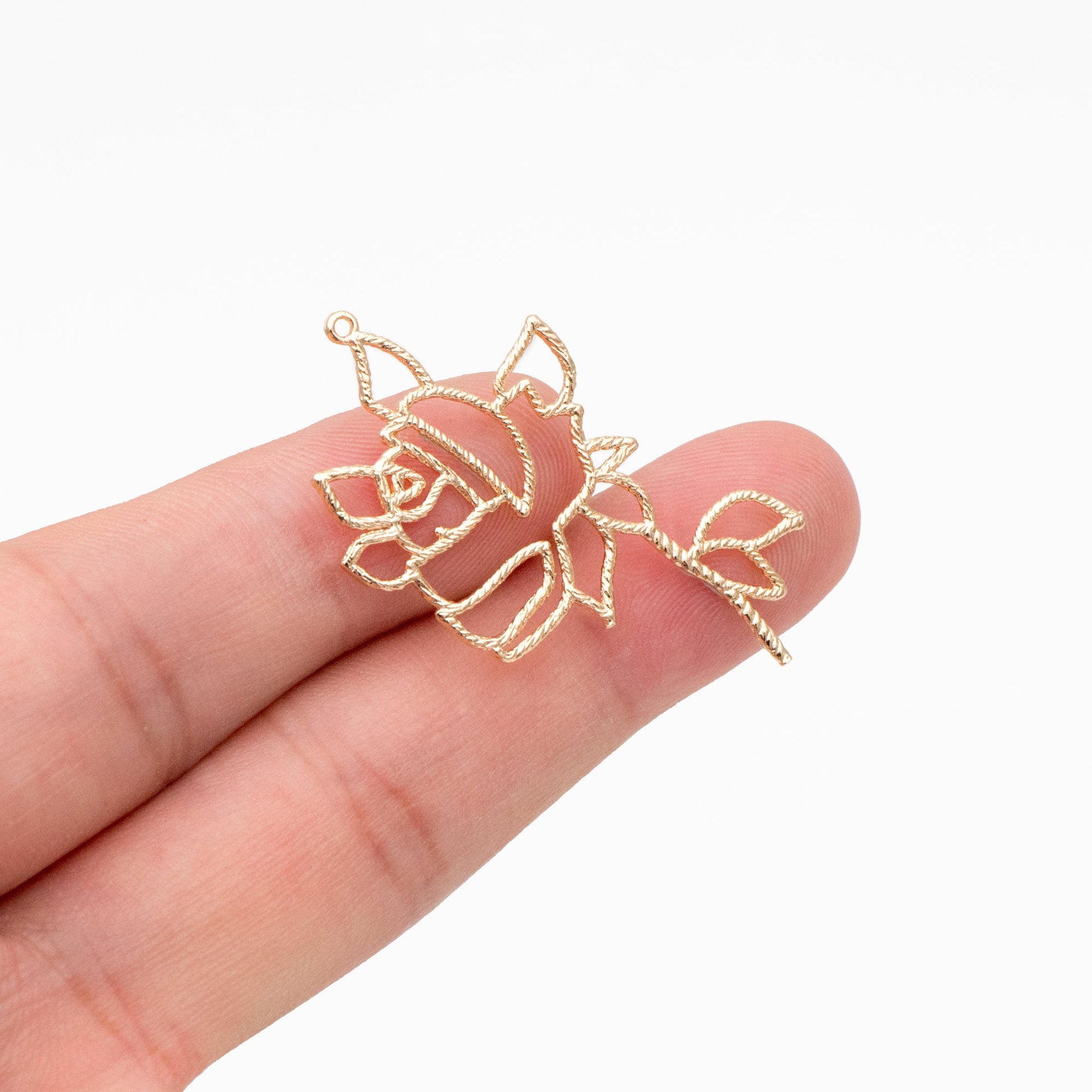 10pcs Gold Hollow Rose Charms 39x25mm, Real Gold plated Brass, Flower Earring Pendants (GB-120-E)