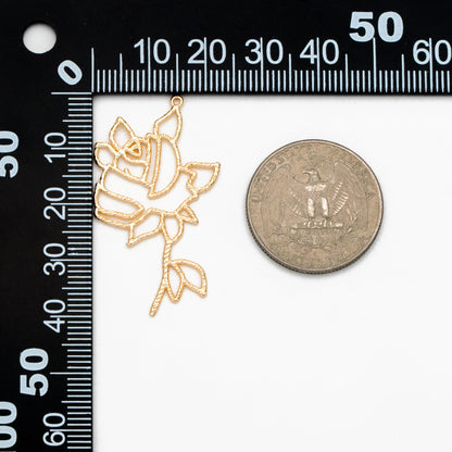 10pcs Gold Hollow Rose Charms 39x25mm, Real Gold plated Brass, Flower Earring Pendants (GB-120-E)