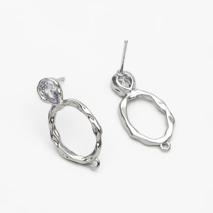 10pcs CZ pave Gold/ Silver Hammered Oval Ear Posts, Geometric Stud Earring, Jewelry Supply (GB-2702)