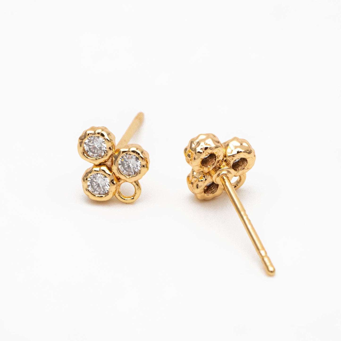 4pcs CZ Pave Three Dot Trio Stud Earring with Loop, Gold Plated Brass, Tiny Trinity Dainty Stud Earring (GB-3851)