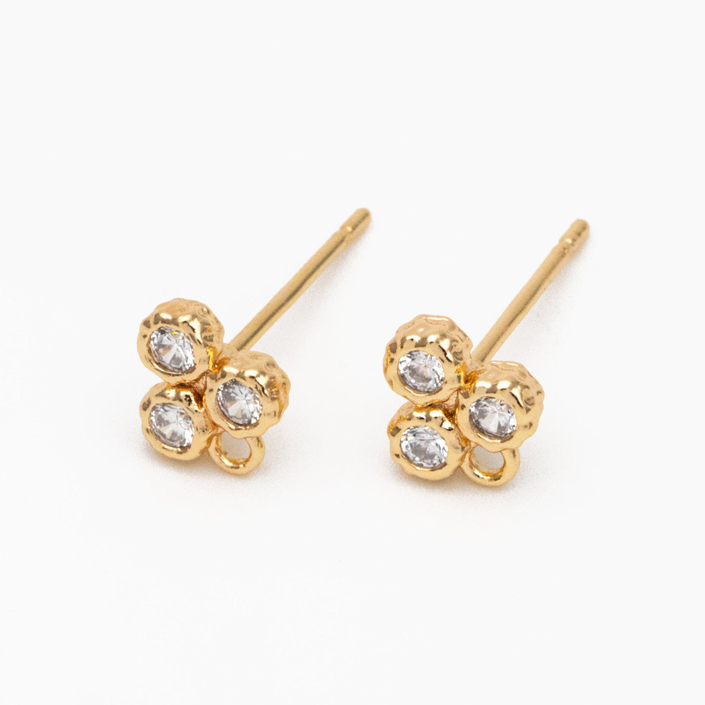 4pcs CZ Pave Three Dot Trio Stud Earring with Loop, Gold Plated Brass, Tiny Trinity Dainty Stud Earring (GB-3851)